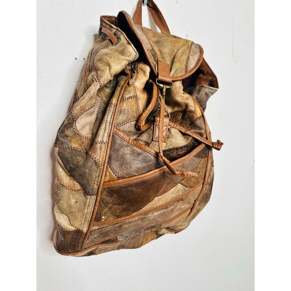 Vintage 1980s/90s Brown Leather Patchwork Clip Front Drawstring Backpack Bag - Picture 1 of 16